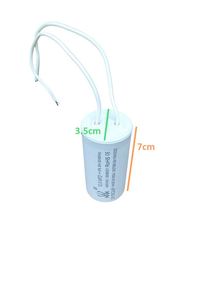 White Syscap motor capacitor with two attached wires and measurement markings