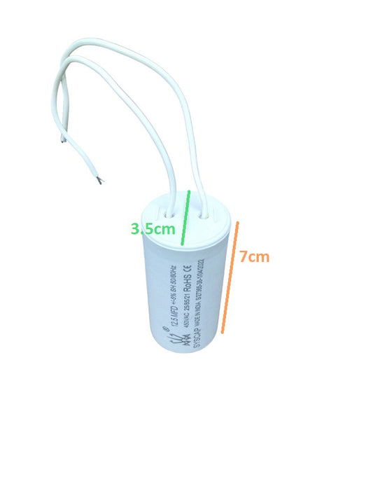 White Syscap motor capacitor with two attached wires and measurement markings