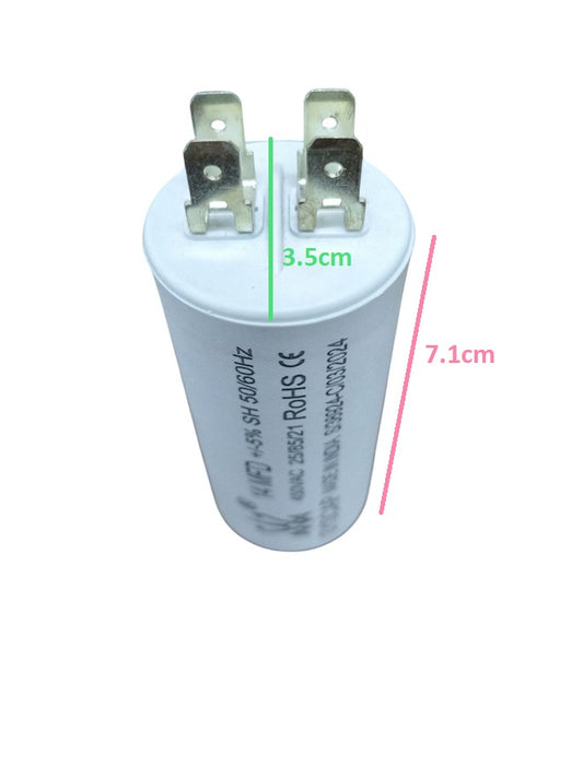 Syscap motor capacitor with metal terminals and white cylindrical body measuring 7.1 cm by 3.5 cm