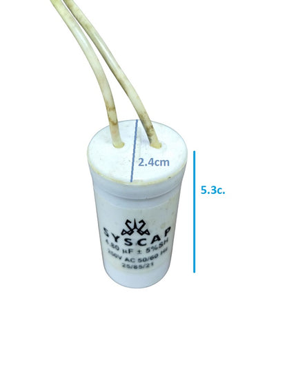 SYSCAP motor capacitor 250V AC with a cylindrical design and two connector wires for electrical applications