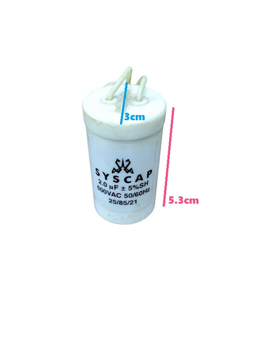 Syscap motor capacitor 2.0 uF 500VAC 50 60Hz white cylindrical electrical component