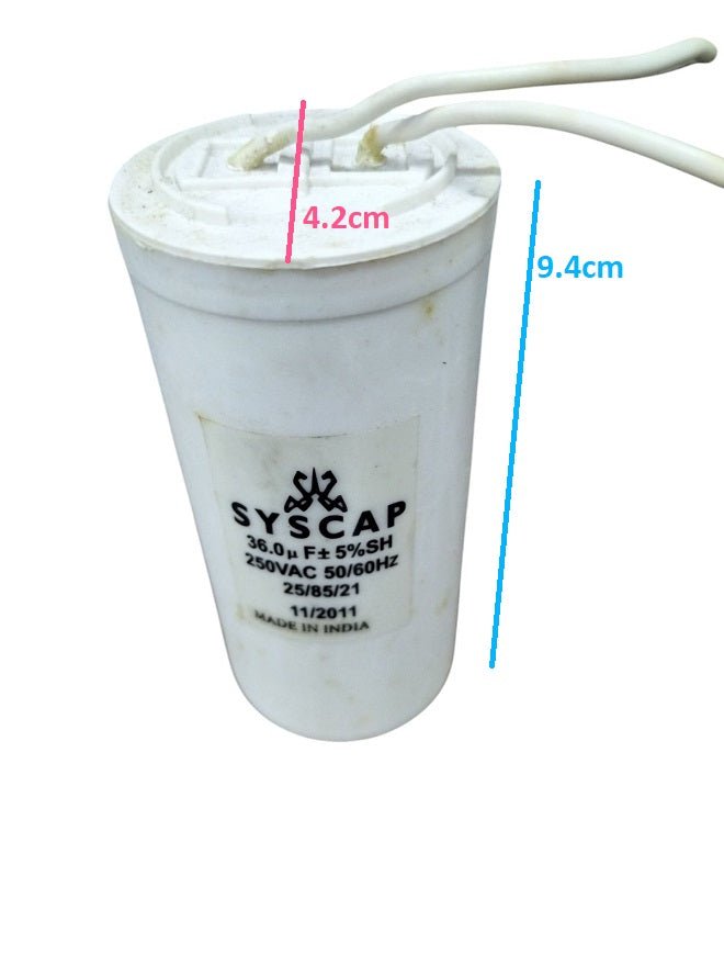 Syscap Motor Capacitor 36.0μF 250VAC with dimensions 4.2cm x 9.4cm for electrical applications