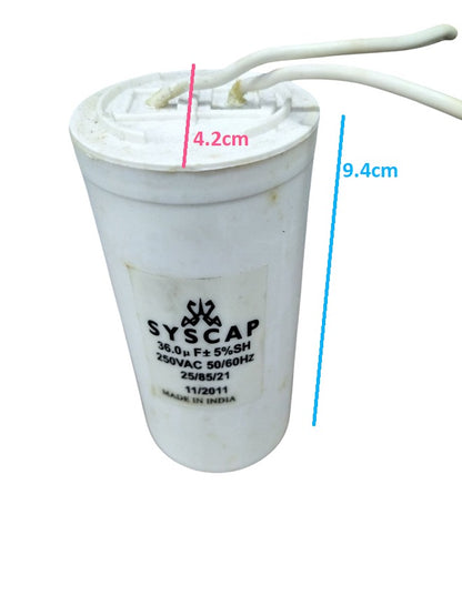 Syscap Motor Capacitor 36.0μF 250VAC with dimensions 4.2cm x 9.4cm for electrical applications