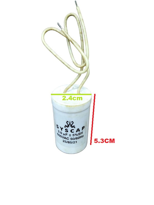 Syscap motor capacitor with 3 microfarad rating and attached wires for electrical use