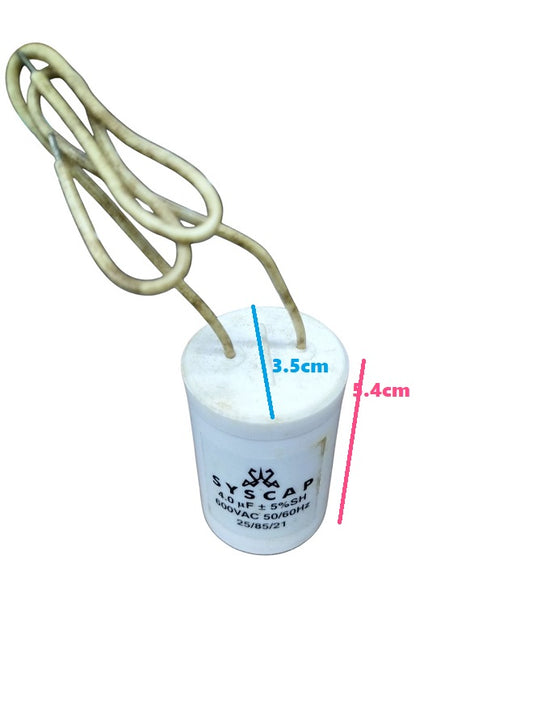 Syscap motor capacitor white cylindrical electrical component with attached wires and size markings