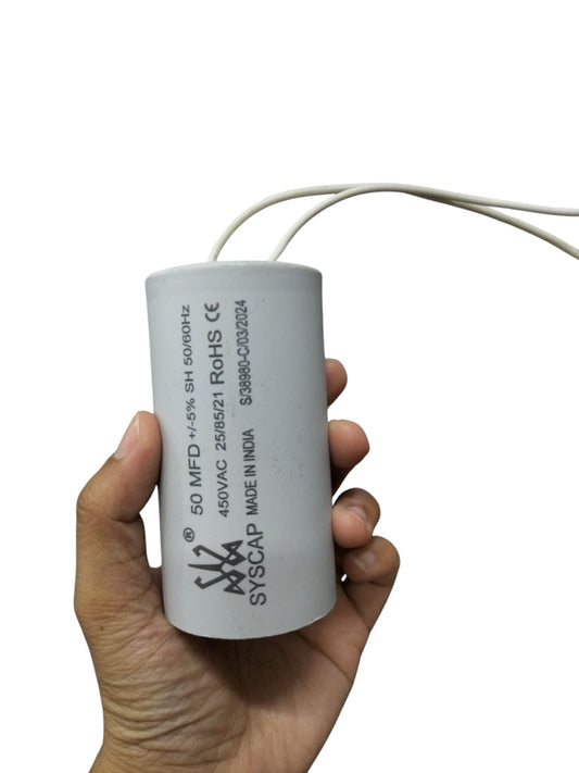 Syscap Motor Capacitor 50 MFD 450VAC electrical component with two wires