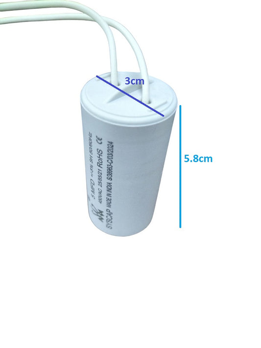 SYSCAP motor capacitor 5MFD white cylindrical electrical component with wires and size measurements