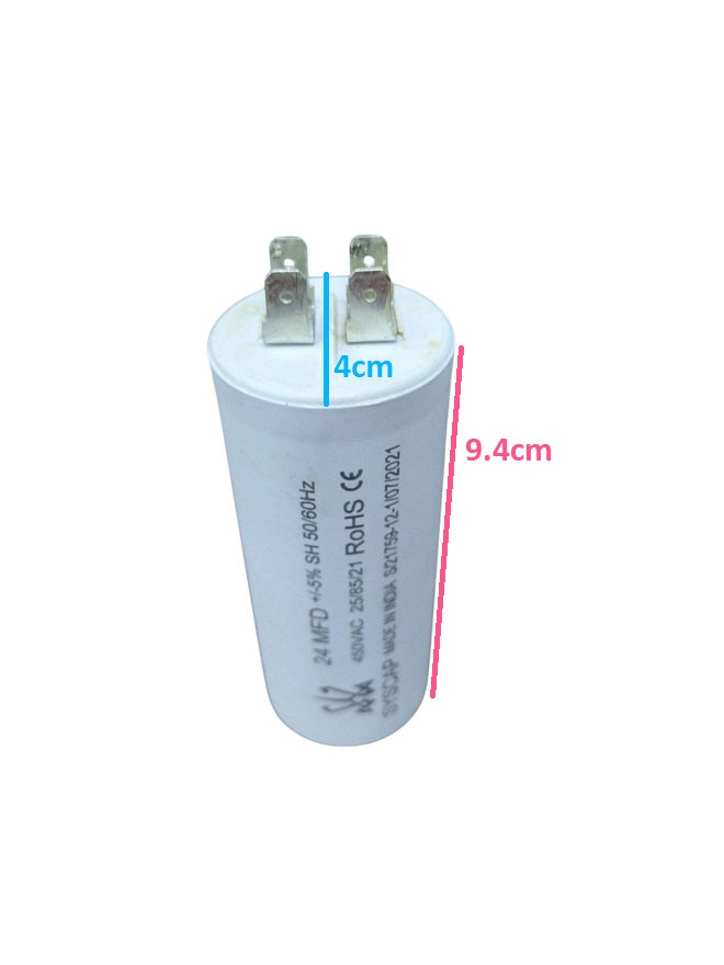 Syscap motor capacitor with dimensions 4cm in width and 9.4cm in height for electrical applications