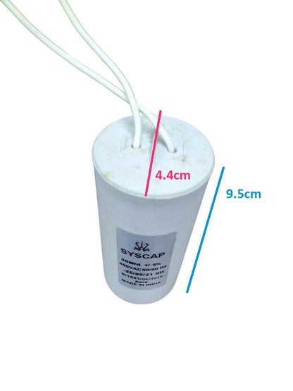 Syscap motor capacitor with white cylindrical body and attached wires showing dimensions