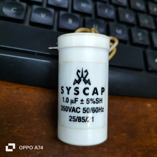 Syscap Motor Running Capacitor 1.0MFD 350VAC electrical circuitry part with voltage and frequency ratings
