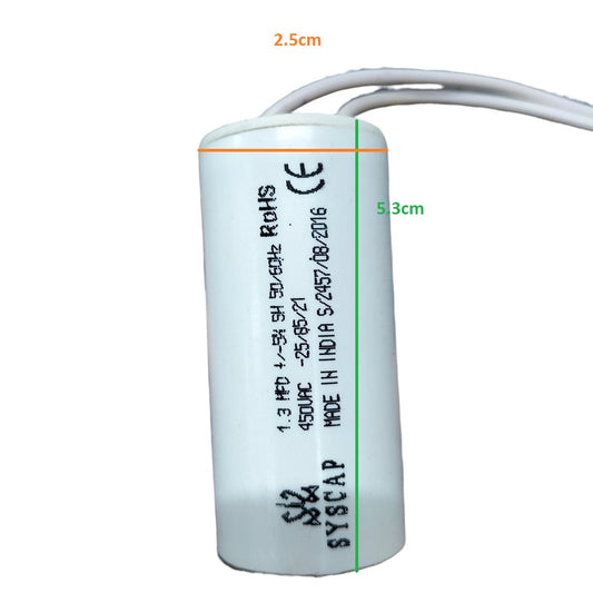 Syscap motor running capacitor 1.3mfd white cylindrical electrical component with wires