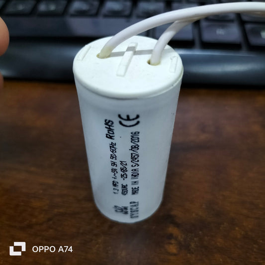 Syscap motor running capacitor 1.3mfd white cylindrical electrical part with two white wires