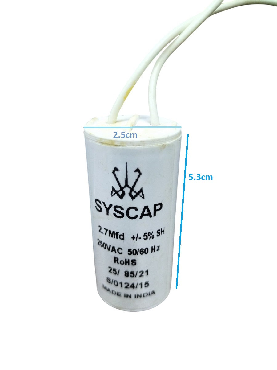 Syscap Motor Running Capacitor 2.7MFD250v with electrical specifications and dimensions shown