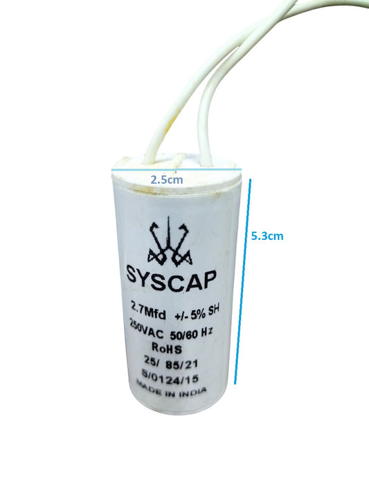 Syscap Motor Running Capacitor 2.7MFD250v white cylindrical electrical component with wires