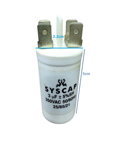 Syscap motor running capacitor 3mfd 350vac cylindrical white electrical part with metal terminals