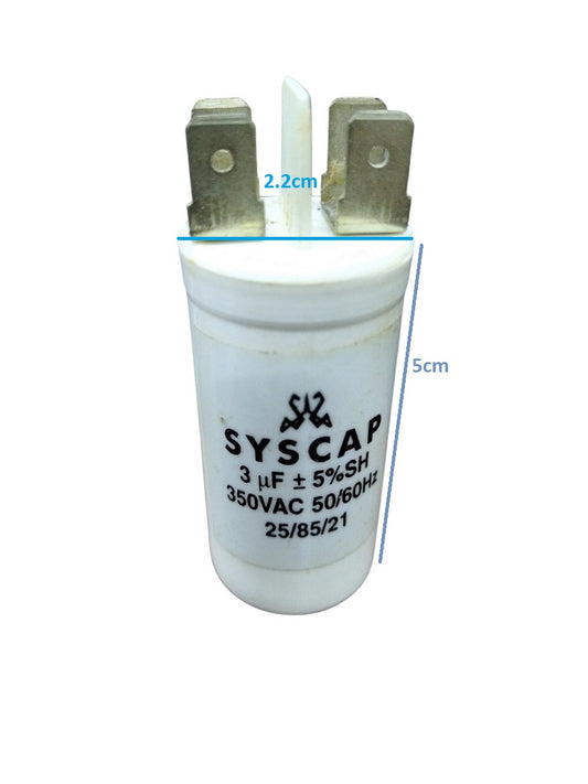 Syscap motor running capacitor 3mfd 350vac cylindrical white electrical part with metal terminals