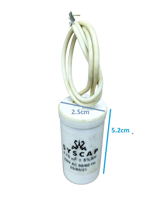 Syscap motor running capacitor 4.75MFD 250V with white cylindrical body and attached wires