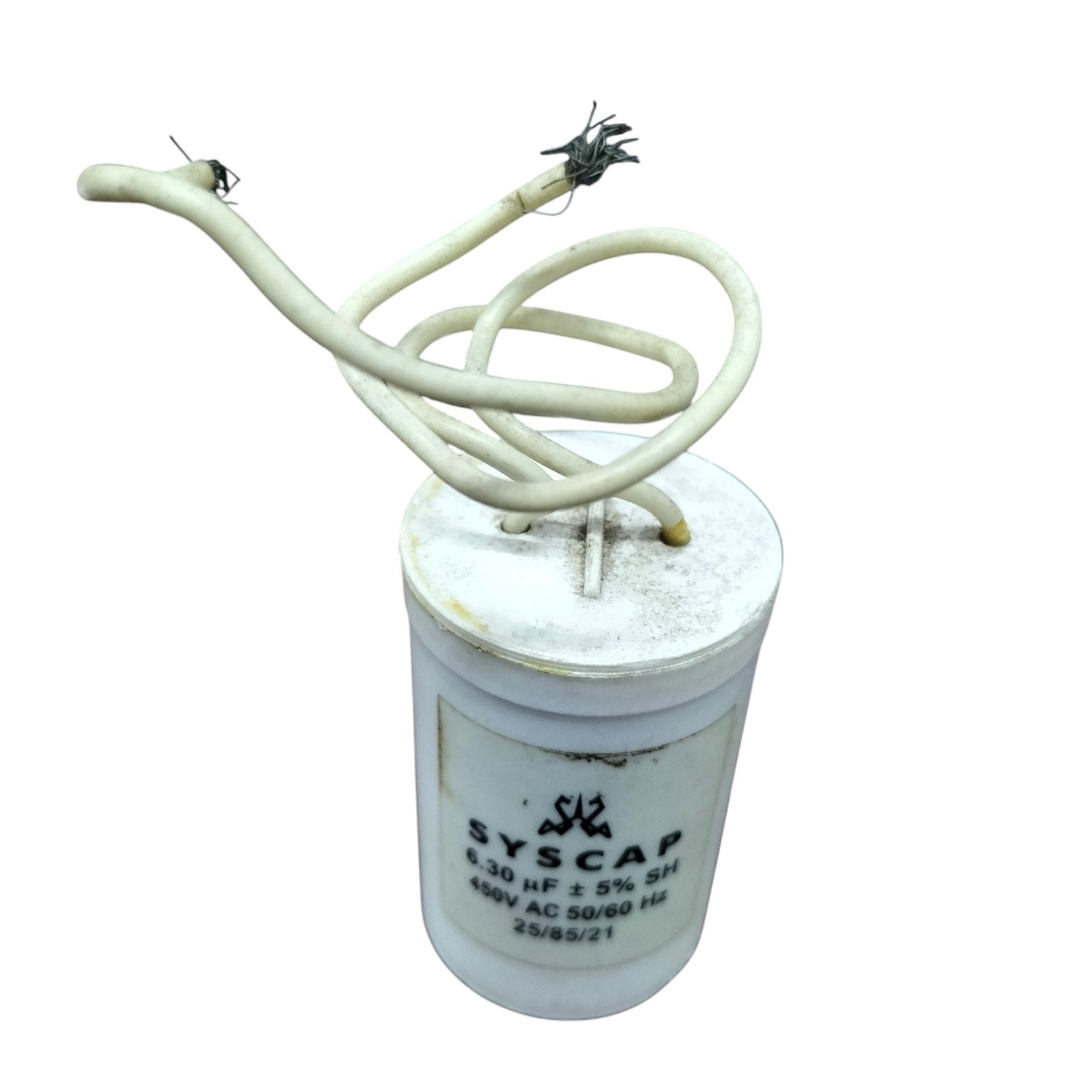 Syscap Run Capacitor 6.30 UF 450VAC electrical part with white casing and attached wires