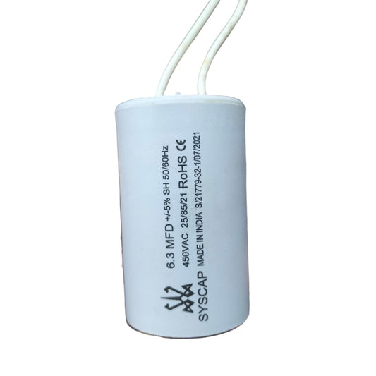 Syscap Run Capacitor 6.30 UF 450VAC white cylindrical electrical component with attached wires