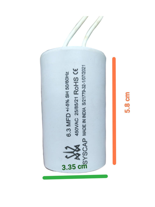 Syscap Run Capacitor 6.30 UF 450VAC white cylindrical electrical part with wire leads