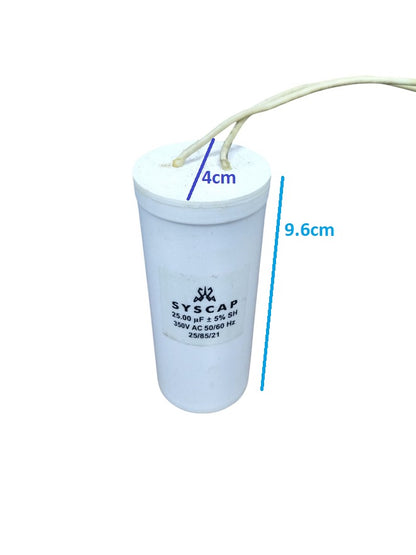 Syscap Running Capacitor 25MFD 350 VAC cylindrical white electrical component with wires