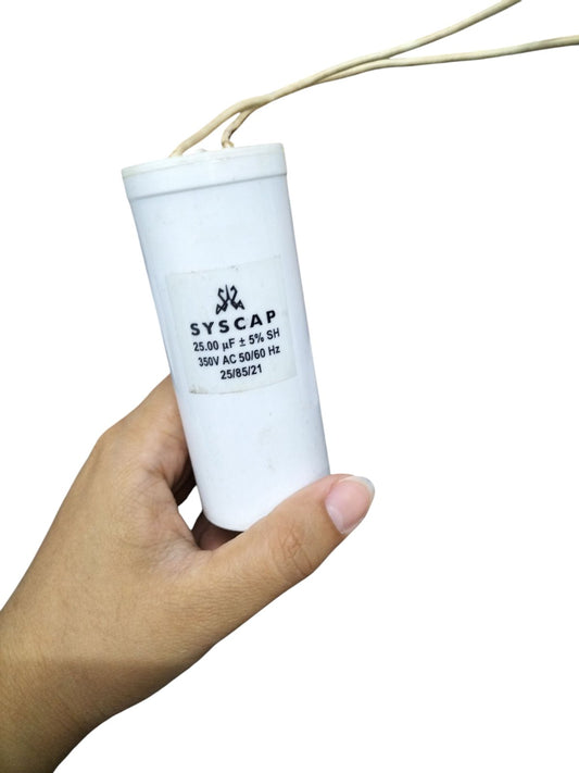 Syscap Running Capacitor 25MFD 350 VAC in Hand, Ideal for Electrical Applications