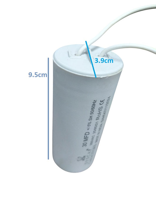 Syscap Running Capacitor 30MFD 350 VAC cylindrical white electrical component with wires