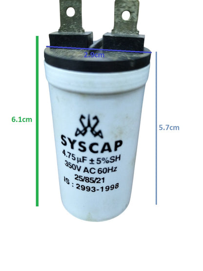 Syscap Running Capacitor 4.75MFD 350 VAC white cylindrical electrical component with metal terminals