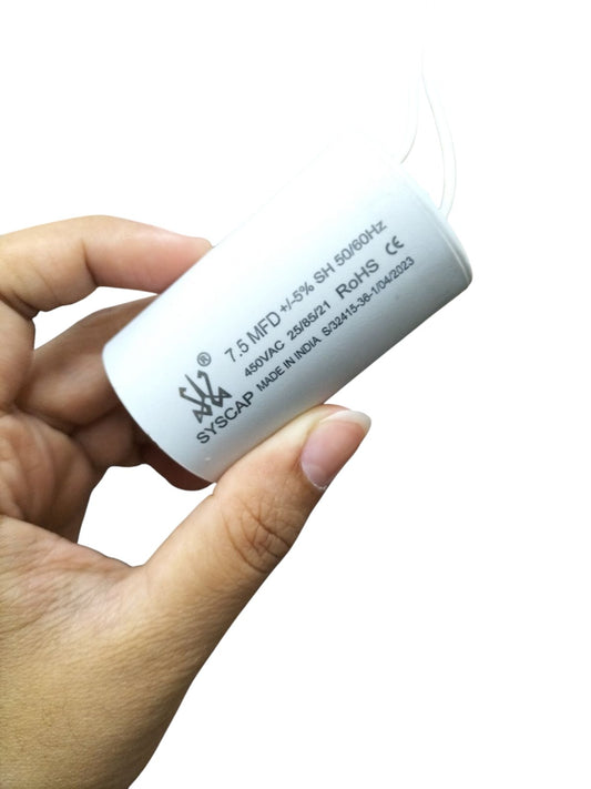 Syscap 7.5 MFD Running Capacitor 450V AC with white housing for electrical applications