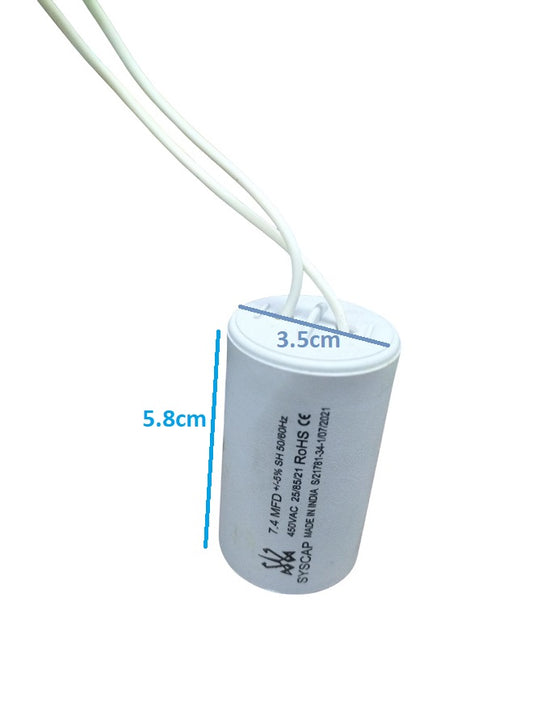 Syscap Running Capacitor 7.4MFD 450 VAC white cylindrical electrical component with two wires