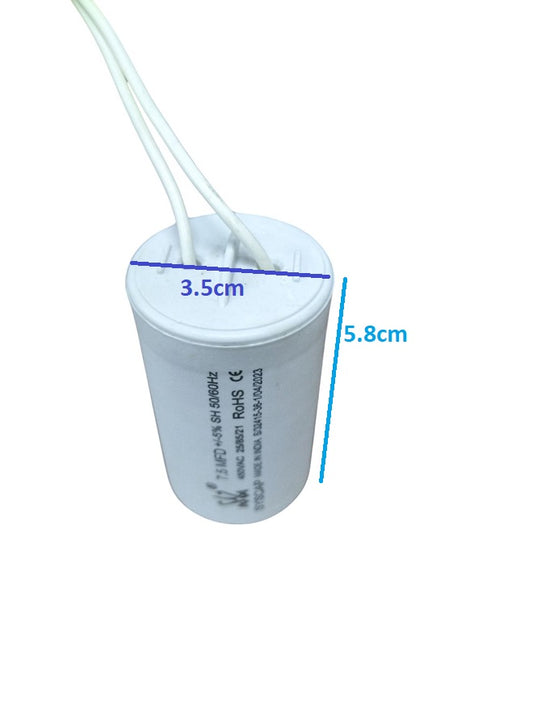 Syscap Running Capacitor 7.5MFD 450 VAC electrical component with white wires and cylindrical shape