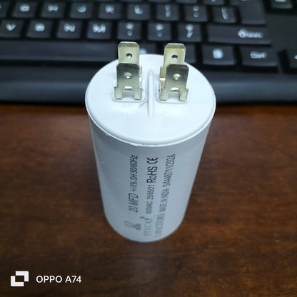 Syscap Motor Capacitor with three metal terminals on white cylindrical body