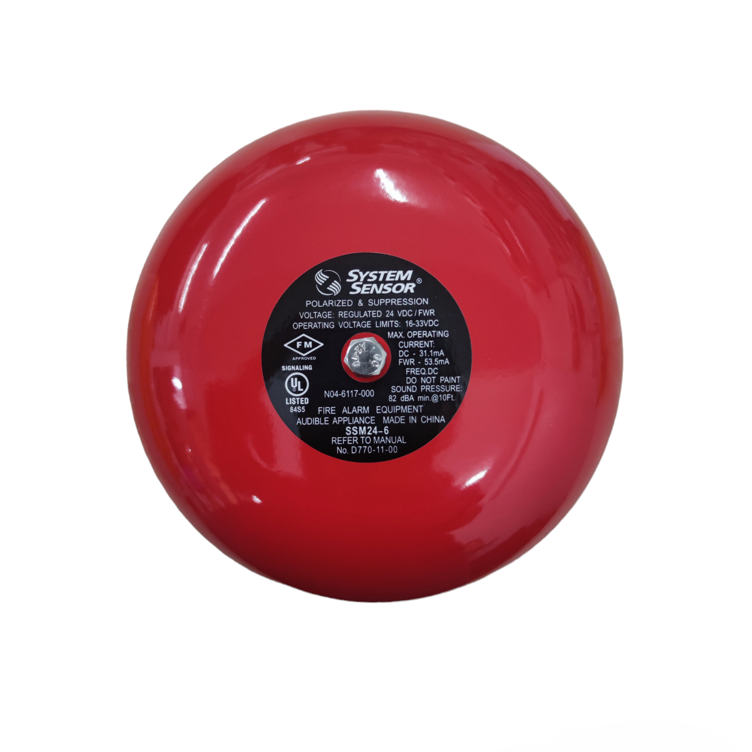 6" Round Bell 24V DC Polarize in Red with label detailing specifications and mounting options