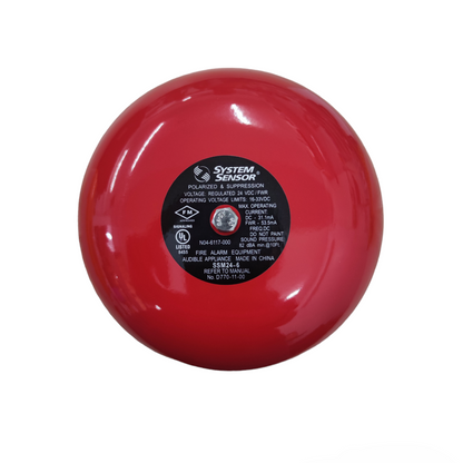 6" Round Bell 24V DC Polarize in Red with label detailing specifications and mounting options