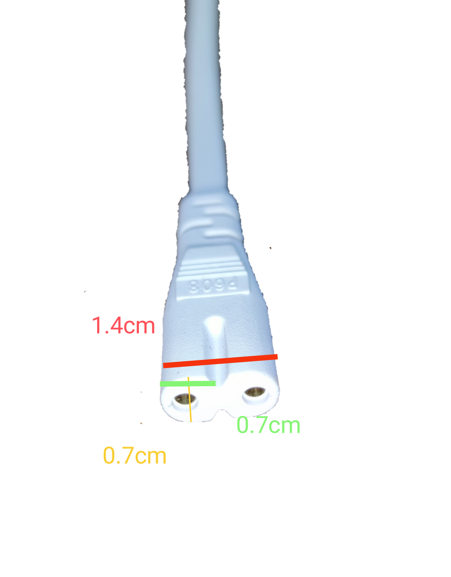 White T-5 AC cord connector 2 pin with cable and size measurements on black background
