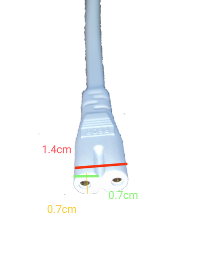 White T-5 AC cord connector 2 pin with cable and size measurements on black background