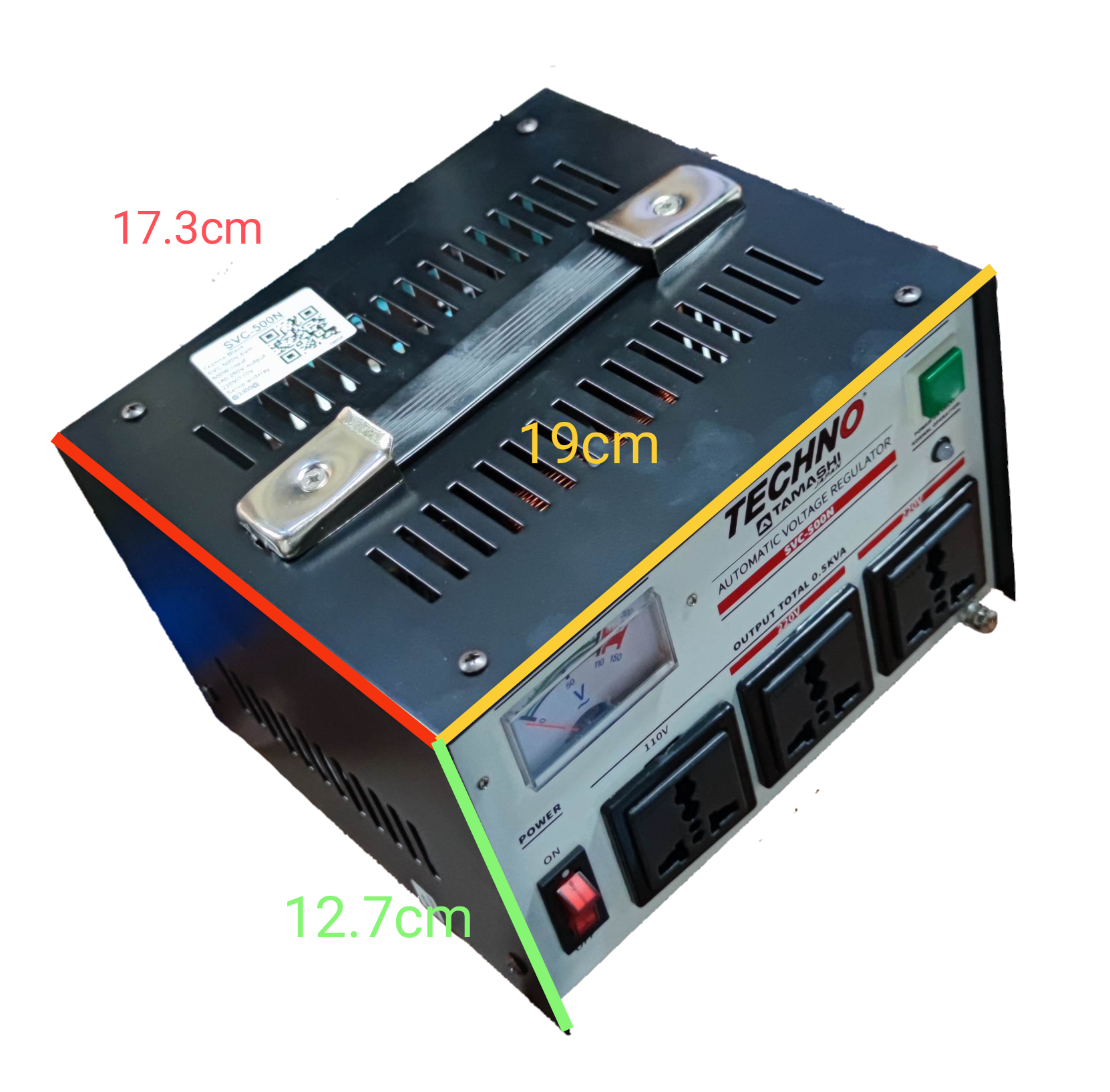 Techno Tamashi 500W AVR Servo Motor with black metal casing and front control panel for voltage regulation