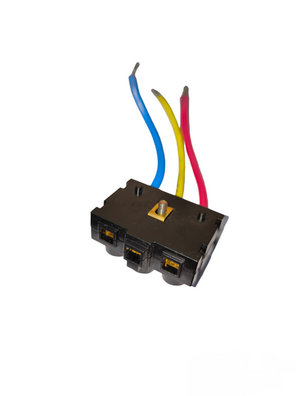 T&J Terminal Block Connector 3 Pole with blue yellow and red wires for electrical circuitry