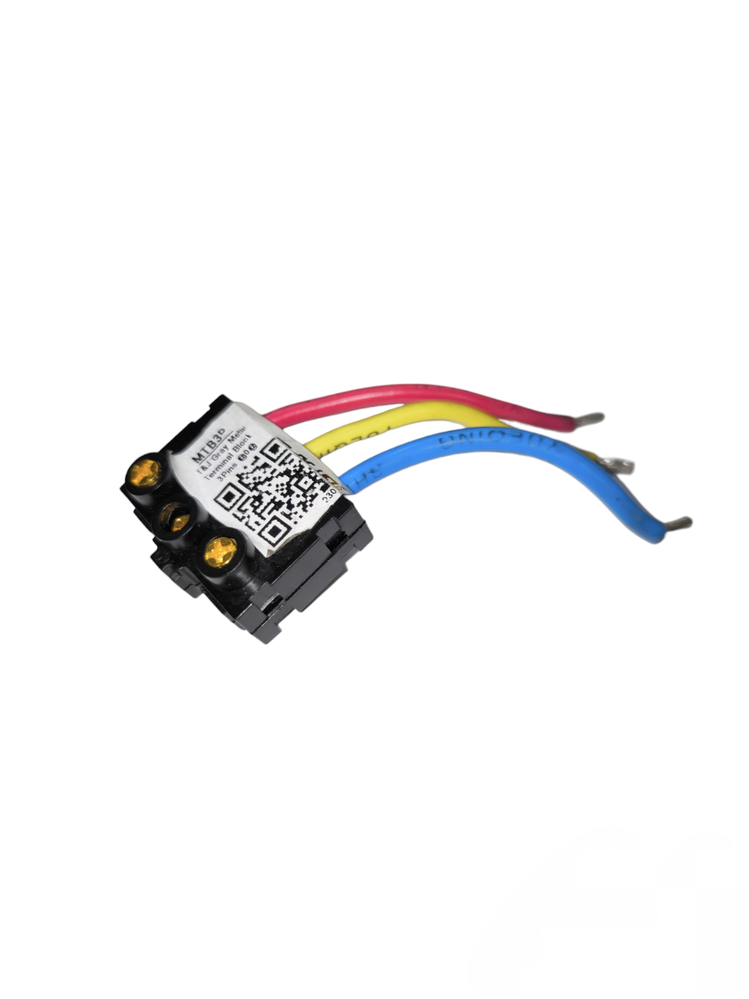 T&J Terminal Block Connector 3 Pole with red yellow and blue wires for electrical circuitry