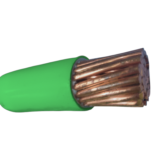 Close-up of Phelps Dodge THHN wire 325mm stranded with green insulation and copper strands
