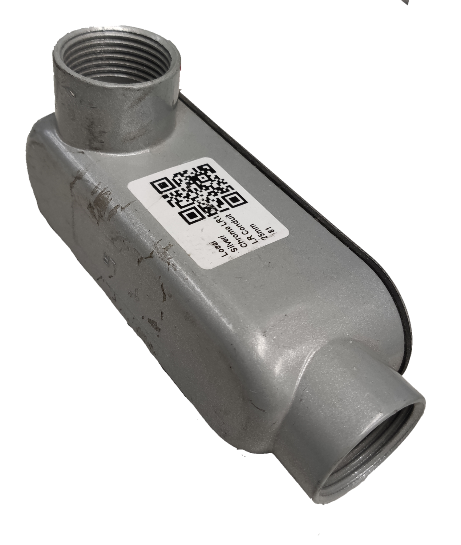 Threaded LR type conduit fitting 32mm in metallic finish for electrical installations