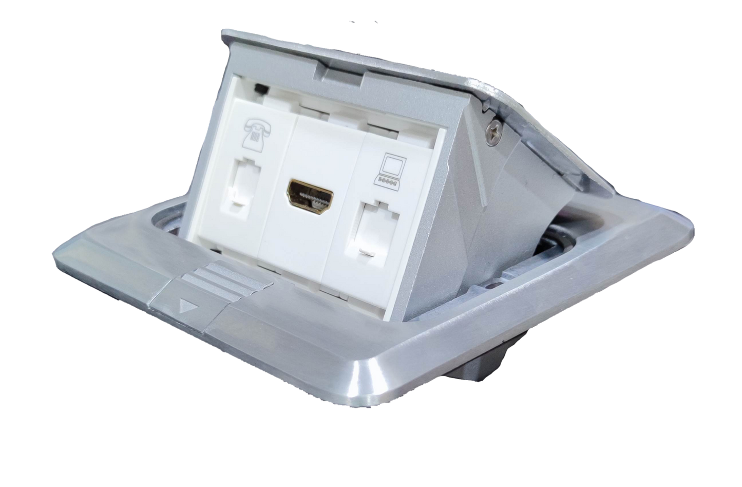 T and J floor pop-up outlet HDMI - CAT6 - telephone in brushed aluminum frame with HDMI and network ports