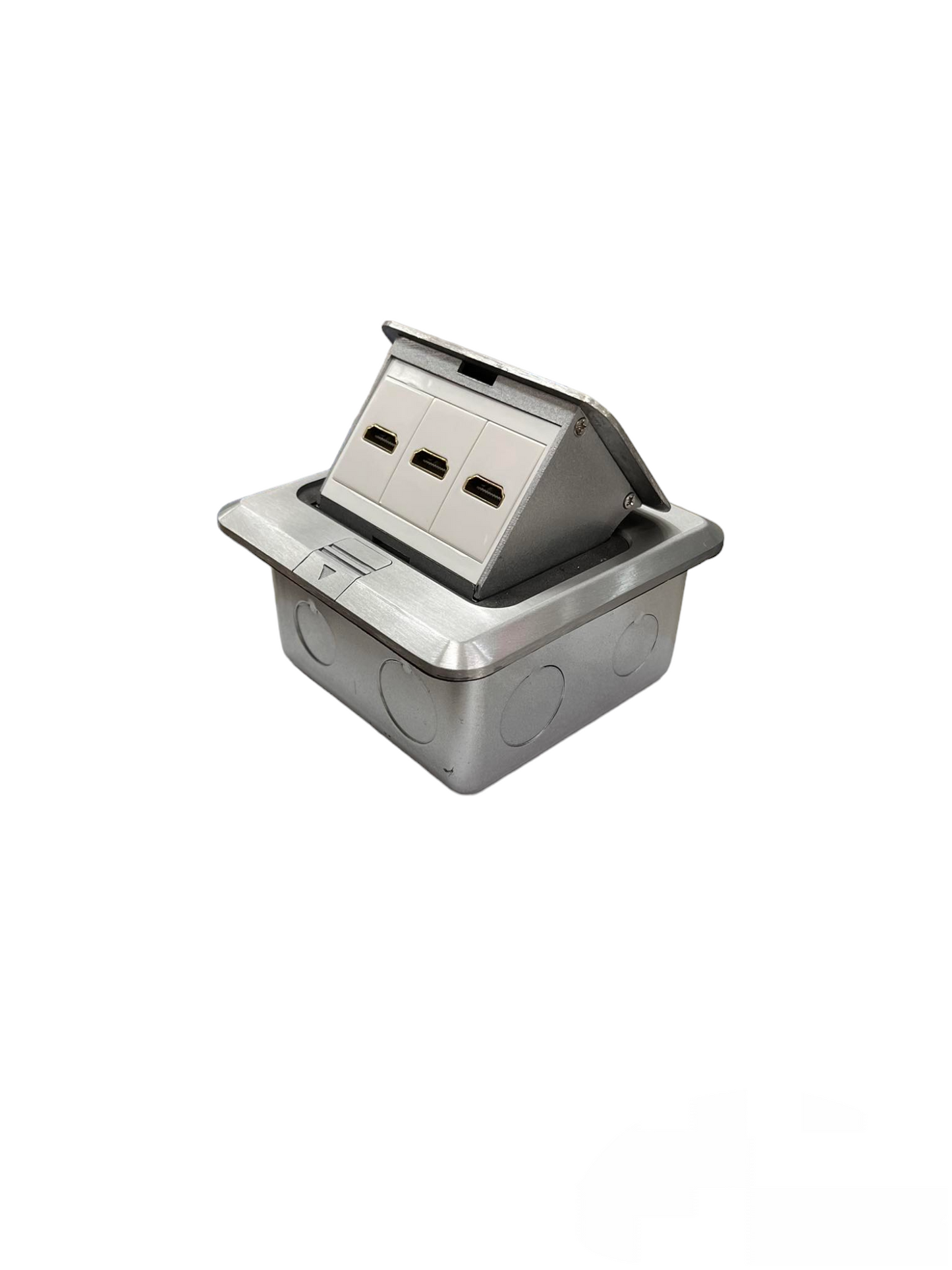 T&J Floor Outlet 3 Gang HDMI Outlet with metallic finish and three HDMI ports for in-floor installation