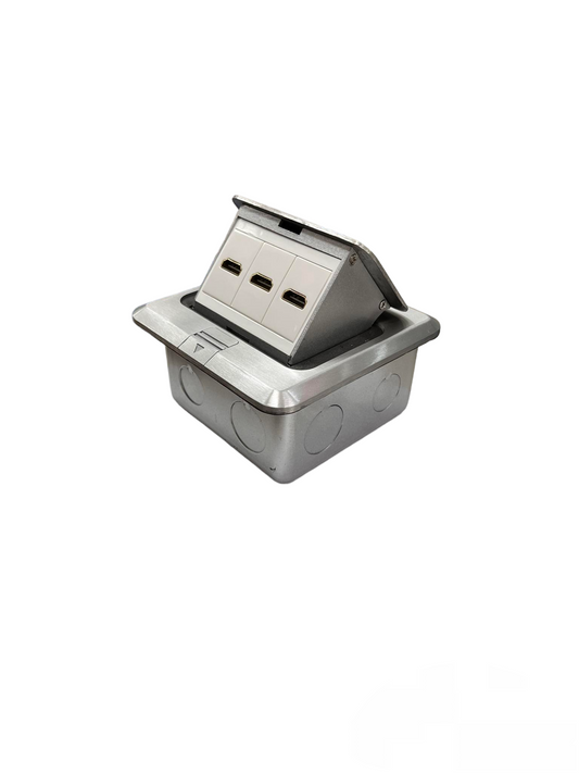 T&J Floor Outlet 3 Gang HDMI Outlet with metallic finish and three HDMI ports for in-floor installation