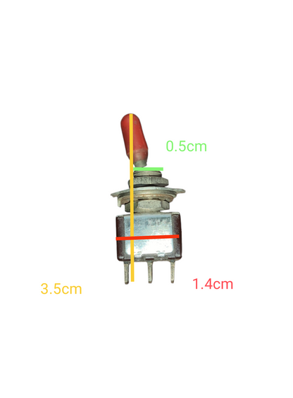 Toggle Switch 2A 250V On - Off - On with red lever and metal base showing measurements