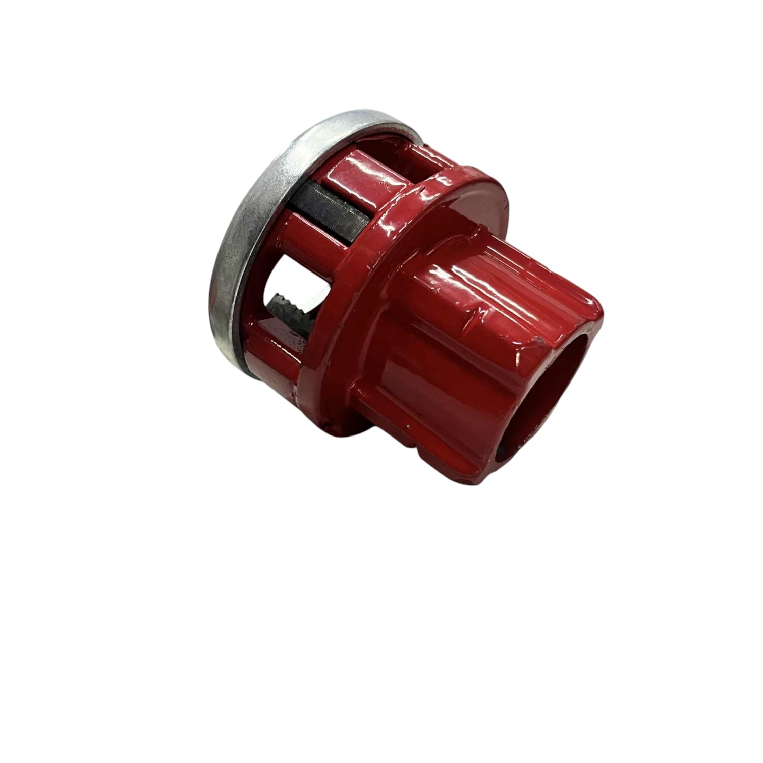 Red metal die head pipe threading accessory for plumbers showing cutting slots ratchet pipe threader set