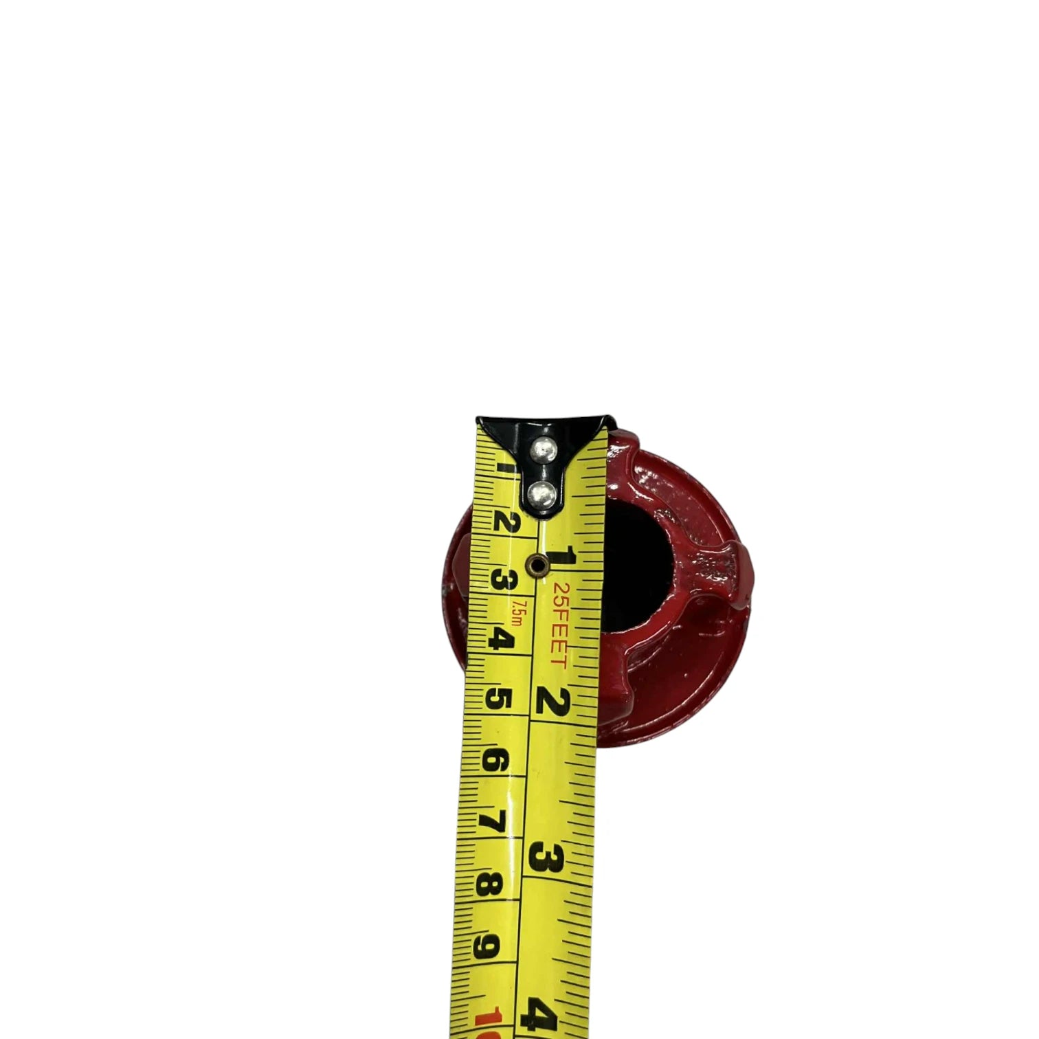 Red cast iron die head for ratchet pipe threader set shown with tape measure indicating 2 inch diameter