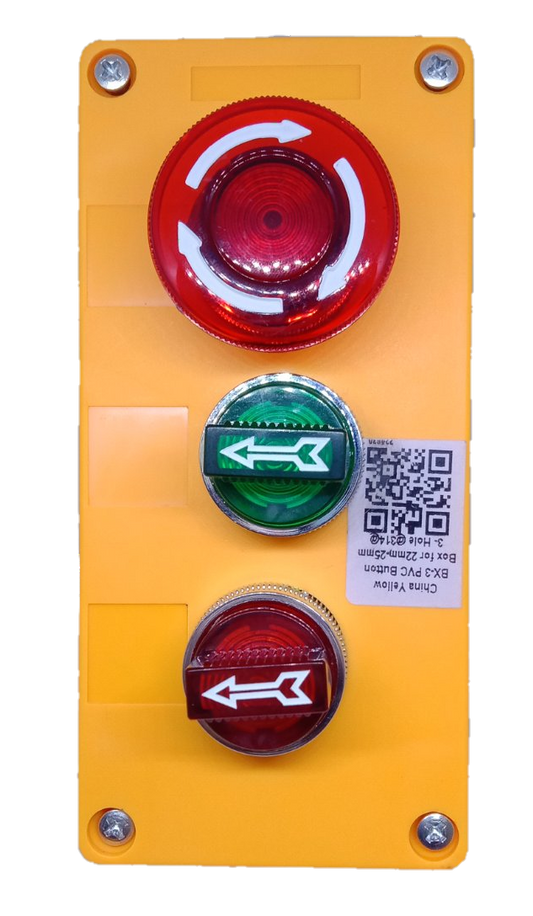 Auspicious illuminated emergency stop switch panel with red and green buttons on yellow base