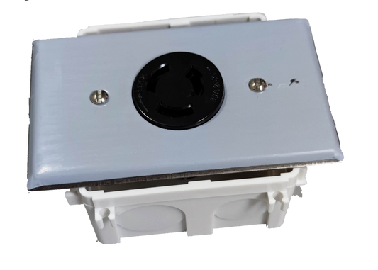 Grippes stainless steel wall plate with black 30A twist lock outlet 3P mounted in white electrical box