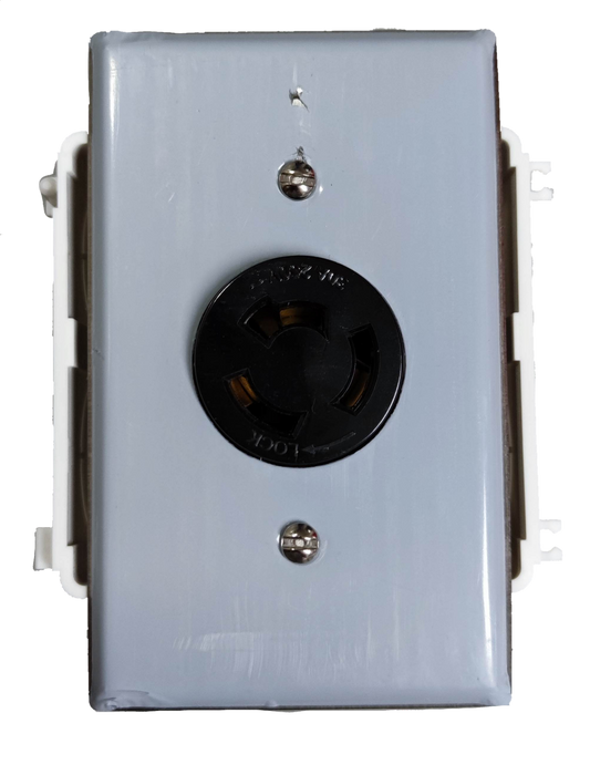 Grippes 30A twist lock outlet 3P in black receptacle mounted on white wall plate with visible screws